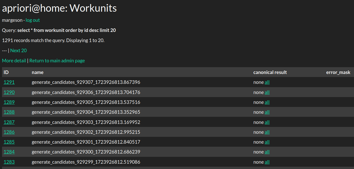 Work generation output on the admin panel